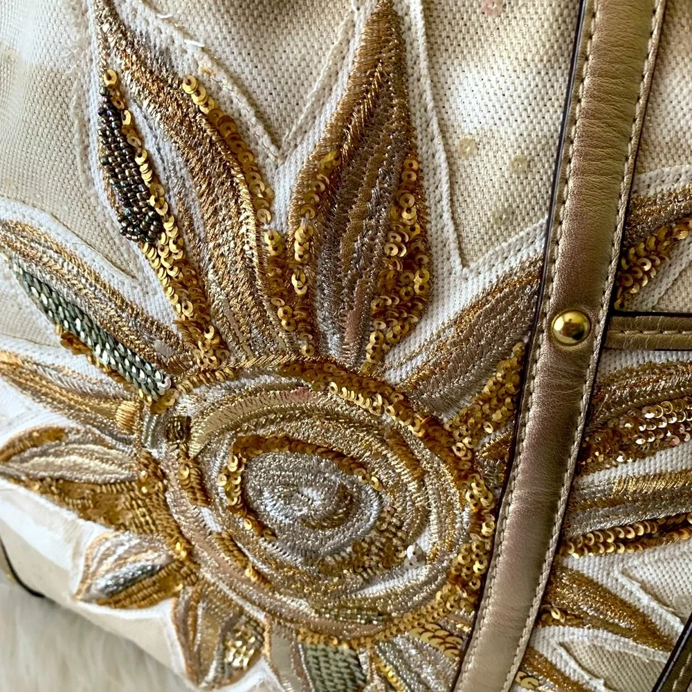 Coach Gold & Cream Floral Sequin Tote with Wristlet